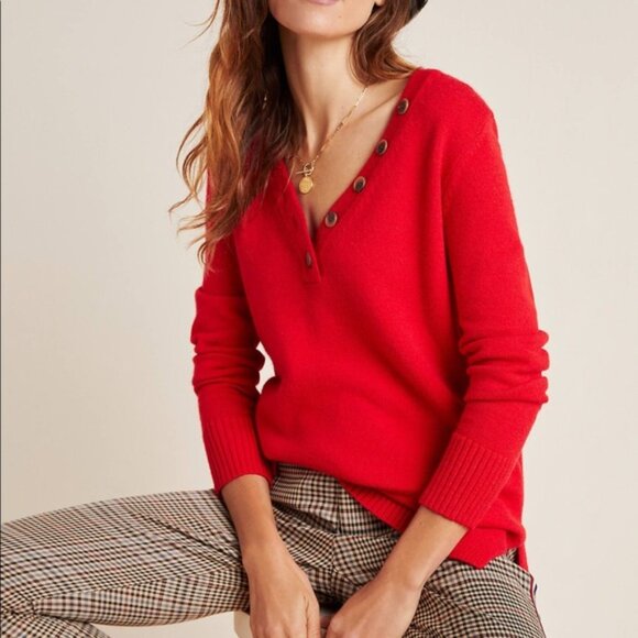 Anthropologie LARGE Red Serena V-neck Button Knit Sweater - Picture 2 of 9